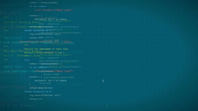 Scrolling Python source code for sentiment analysis and natural language processing on dark blue screen
