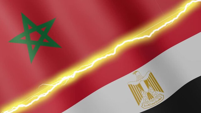 Two waving flags Morocco and Egypt with diagonal lightning seamless, 4k loop