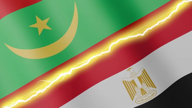 Two waving flags Mauritania and Egypt with diagonal lightning seamless, 4k loop