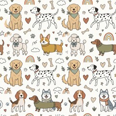 Fototapeta premium Cute Dog Seamless Pattern with Adorable Cartoon Puppies