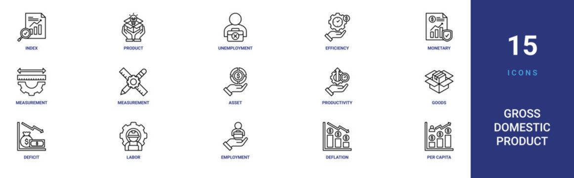 Set of 15 outline web Gross Domestic Product icons such as per capita, deflation, employment, labor, deficit, goods, productivity vector icons for report, presentation, diagram, web design, mobile