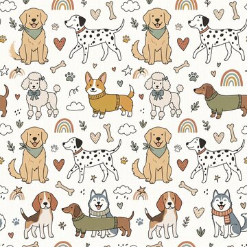 Cute Dog Seamless Pattern with Adorable Cartoon Puppies