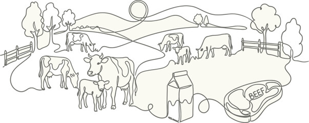 Obraz premium Minimalist continuous line drawing of a dairy cow and calf grazing on a rural pasture, artistic livestock symbol representing organic milk production and farm animal agriculture illustration.