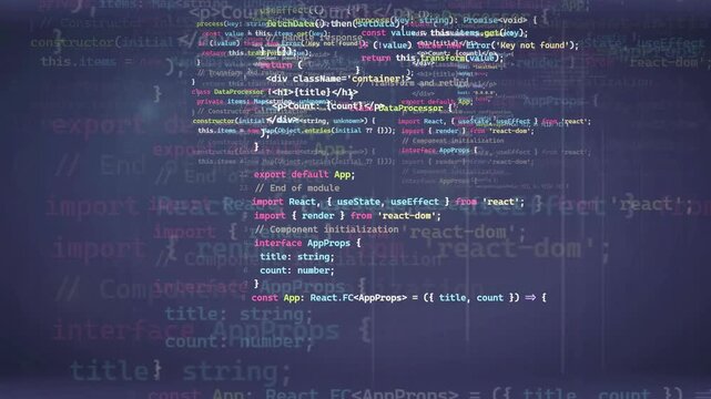 Abstract digital screen with scrolling computer code and programming syntax on dark blue background