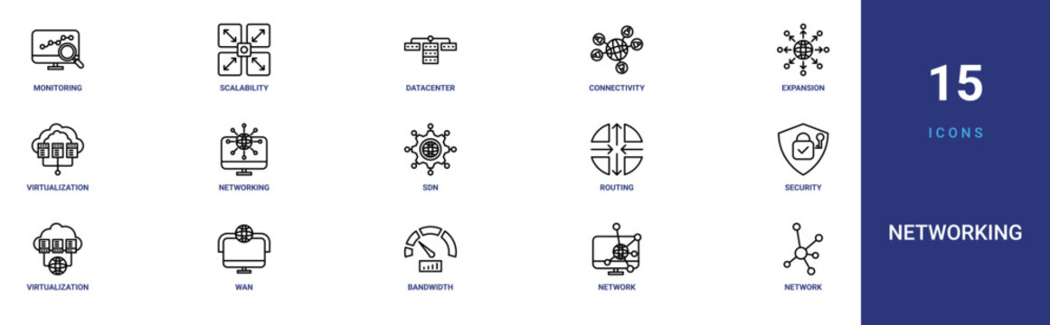 Set of 15 outline web Networking icons such as network topology, network monitoring, bandwidth, wan, virtualization, security, routing vector icons for report, presentation, diagram, web design,