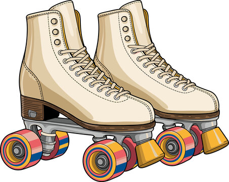 Vintage roller skates with rainbow wheels. Retro quad skate illustration for disco sports.