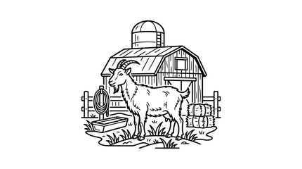 Fototapeta premium Elegant Black and White Line Drawing of Goat Standing Near Rustic Barn with Silo and Hay Bales with high quality professional line art symbols for modern creative design and digital branding projects