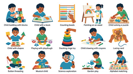 Fototapeta premium Children Engaging in Educational Activities: Blocks, Reading, Painting, Puzzles, and More