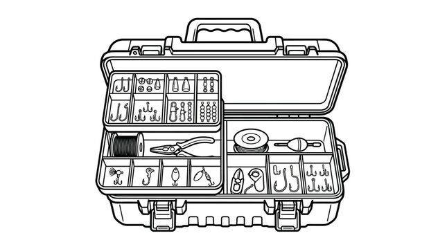 Elegant Black and White Line Drawing of Organized Fishing Tool Case with Hooks Lures Pliers and Accessories