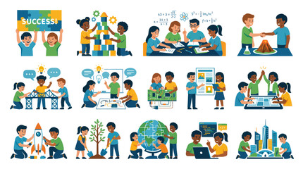 Fototapeta premium Flat Vector Illustration of Kids Learning STEM Education: Science, Technology, Engineering, Math Activities and Collaboration