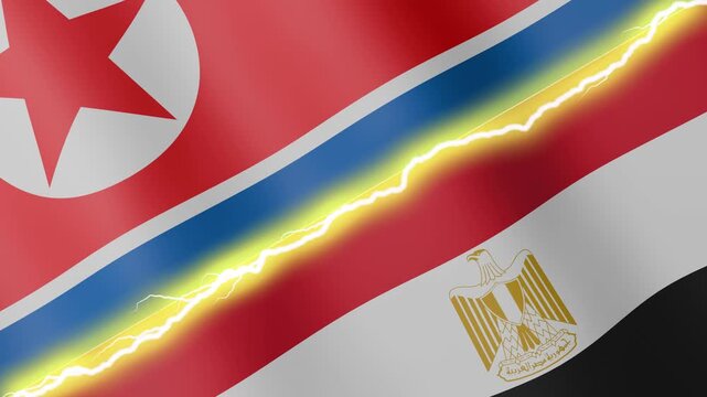 Two waving flags North Korea and Egypt with diagonal lightning seamless, 4k loop