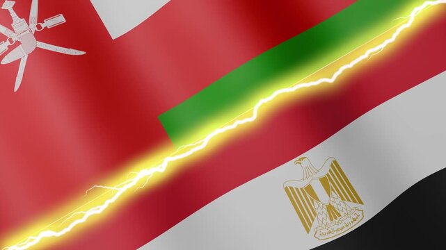 Two waving flags Oman and Egypt with diagonal lightning seamless, 4k loop
