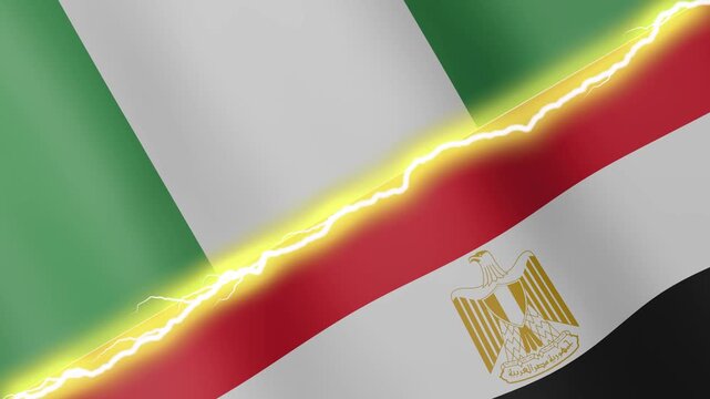 Two waving flags Nigeria and Egypt with diagonal lightning seamless, 4k loop