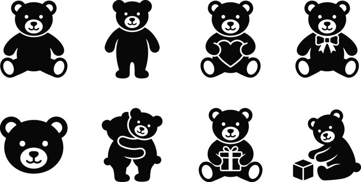Black Teddy Bear Silhouette Icon Set with Heart Gift Box and Hugging Poses for Baby Designs