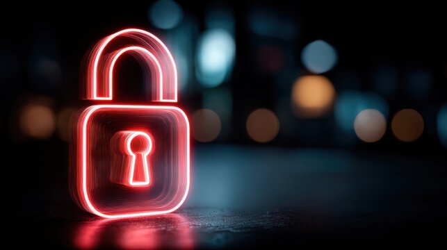 Glowing Neon Padlock Represents Digital Cyber Security and Data Protection Against Online Threats