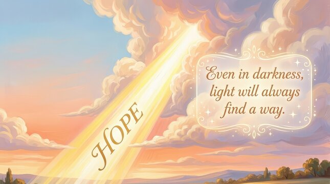 Hopeful light beam illuminating the word HOPE against a dramatic sky with clouds and a quote about light finding a way.