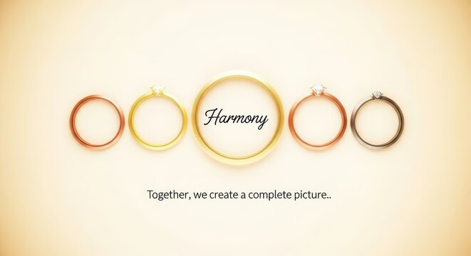 Five diverse wedding rings arranged in a line, symbolizing unity, love, and harmony, with one ring inscribed 'Harmony'
