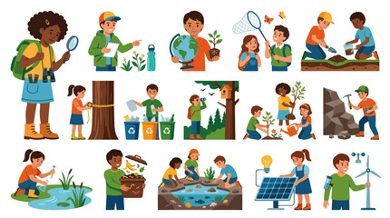Fototapeta premium Environmental Education and Nature Science Activities for Kids in Modern Flat Illustration Style