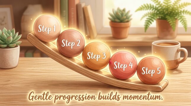 Five Step Progression Balls on Inclined Board, Symbolizing Growth and Development in a Cozy Home Office Setting