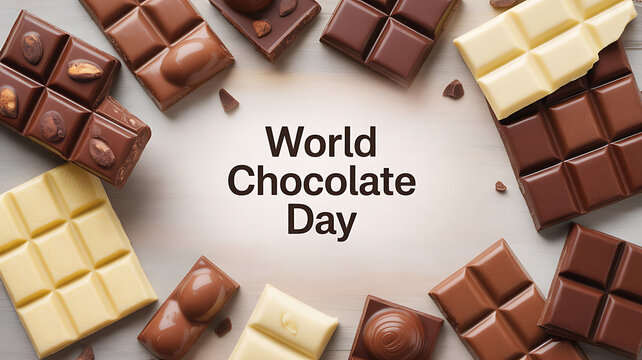 Assorted chocolate bars arranged in a circular pattern with 'World Chocolate Day' text in the center