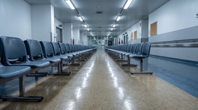 Clinical waiting room interior, concept of impersonal institutional care