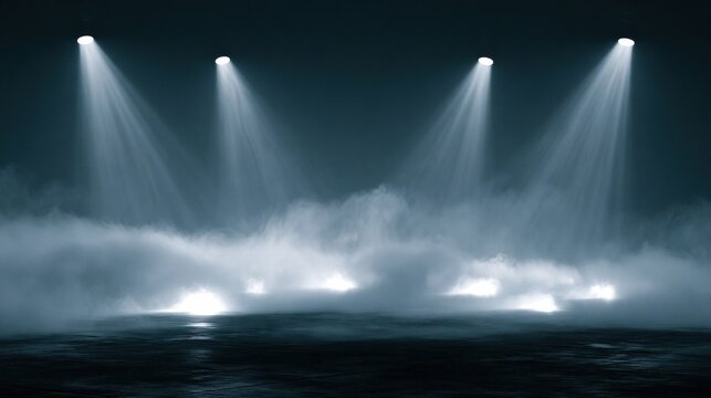 Empty stage with spotlights and fog in dark room