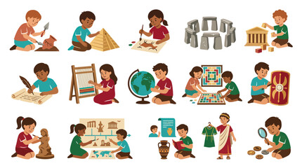 Fototapeta premium Educational Flat Vector Illustrations of Children Learning History and Archaeology, Exploring Ancient Civilizations