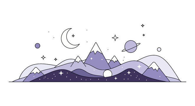 Stylized mountain landscape under starry night sky with planets