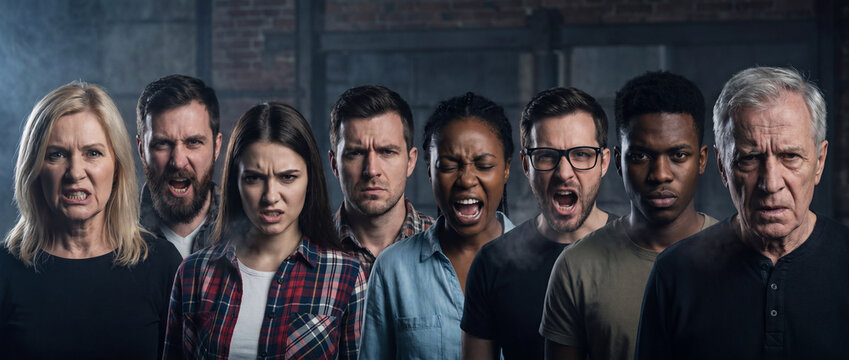 Diverse group of angry people screaming in a dark room, showing aggressive facial expressions and intense negative emotions for social conflict, protest, or mental health concepts