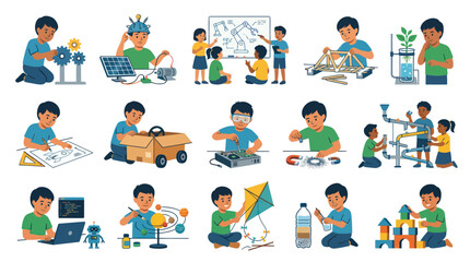 Fototapeta premium Flat Illustration Set of Children Engaged in STEM Education: Science, Technology, Engineering, Math Activities