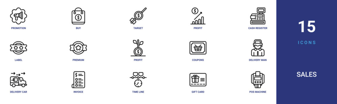 Set of 15 outline web Sales icons such as pos machine, gift card, time line, invoice, delivery car, delivery man, coupons vector icons for report, presentation, diagram, web design, mobile app