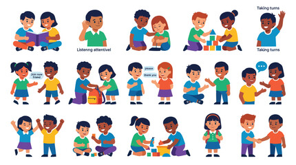 Fototapeta premium Early Childhood Education: Kids Social Skills Good Manners Flat Vector Illustrations Set