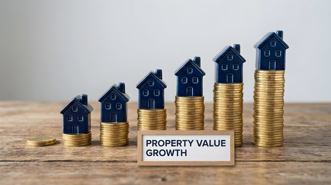 Miniature house models on stacks of gold coins for property value growth concept