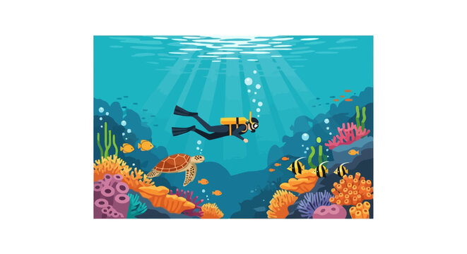 Scuba diver exploring coral reef with sea turtle