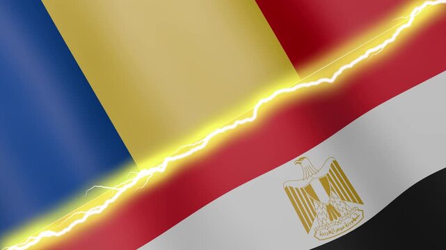 Two waving flags Romania and Egypt with diagonal lightning seamless, 4k loop