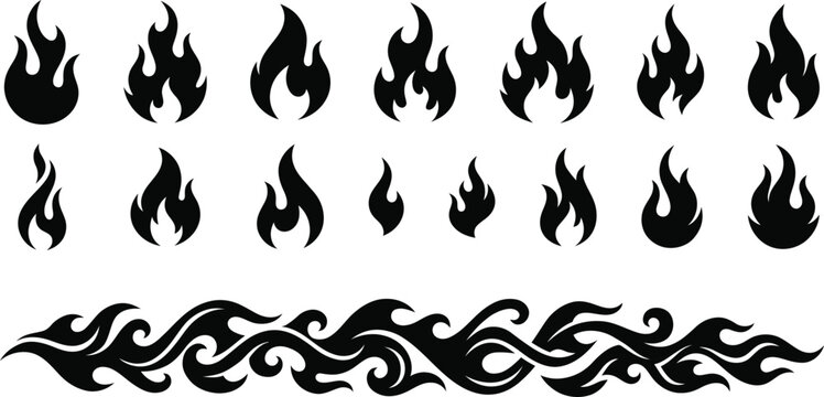 fire flame silhouette icon set and tribal border vector graphic element isolated on white background