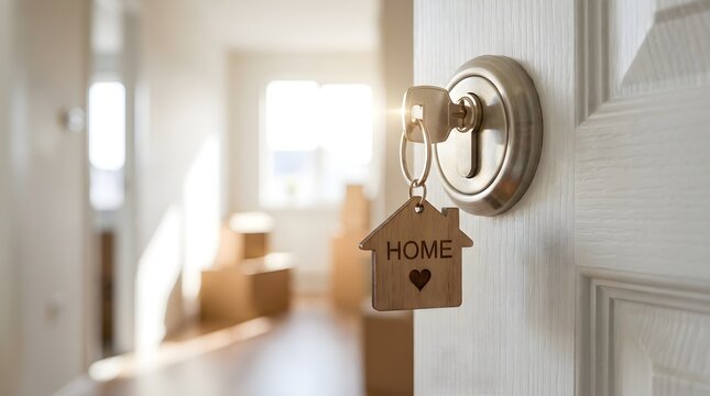 House key with home shaped keychain hanging on door lock relocation property