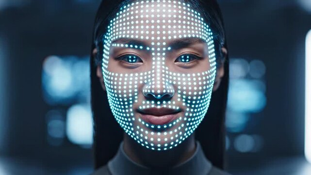 Woman face with biometric digital scanning grid.