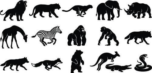 Wild safari animals and African fauna black silhouette vector icons set, zoo mammal creatures collection isolated on white background,Wild safari  © RABBI