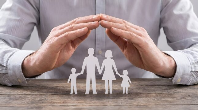 Hands protecting paper cutout family figure on wooden table with protection