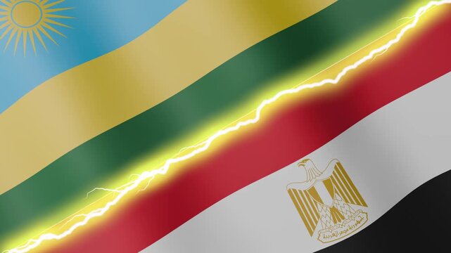 Two waving flags Rwanda and Egypt with diagonal lightning seamless, 4k loop