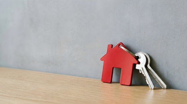 Red house icon and silver keys on wooden surface with property, ownership