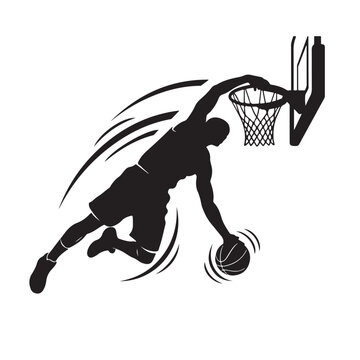 Black Silhouette of Basketball Player Slam Dunking at Hoop with Basket and Net Isolated on White Background, Vector Illustration for Sports, NBA, Streetball, Athletic Poster and Print Design
