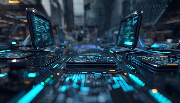 Futuristic Digital Technology and Science Background with Glowing Circuit Boards, AI Data Interface, Metallic Network and High Tech Innovation Concept