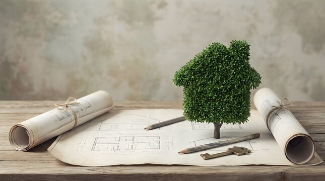 Green bush shaped as a house on top of architectural building plans