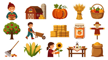 Fototapeta premium Autumn Harvest Vector Icons: Farm, Scarecrow, Pumpkin, Crops, Fruit
