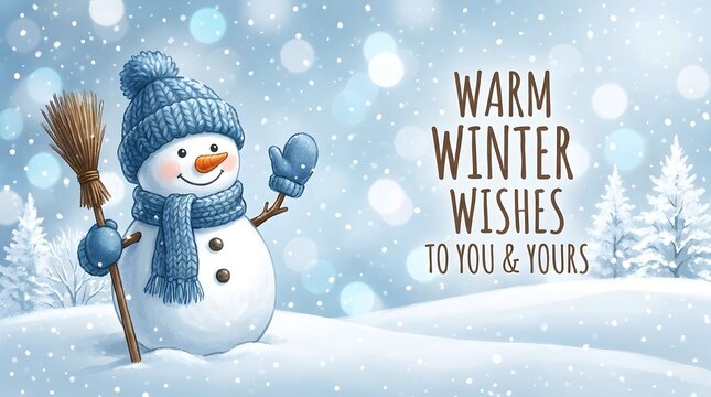 Friendly snowman illustration with broom and warm winter wishes holiday greeting