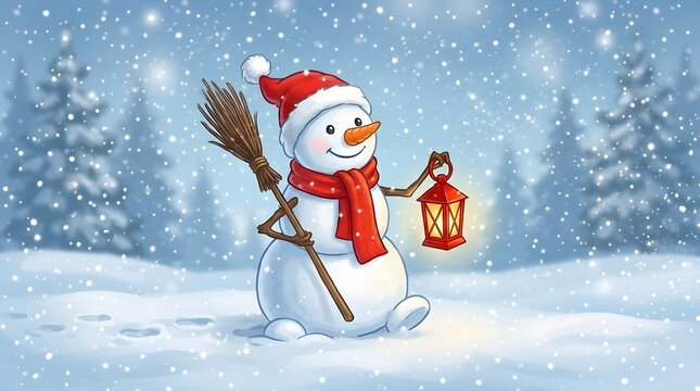 Winter snowman holding red lantern and broom in snowy forest landscape