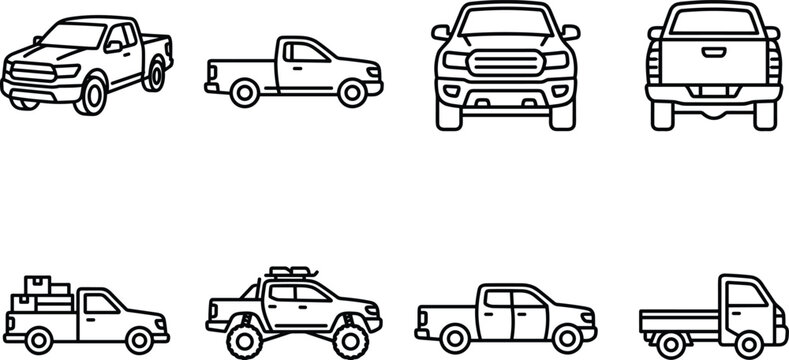 Pickup Truck Line Art Icon Set with Multiple Angles and Views for Automotive Graphic Designs
