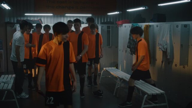 Group of Teenage Soccer Players Gathers in Locker Room after Practice to Capture Cheerful Team Selfie. Friendship, Teamwork, and Shared Progress. Youth Sports Lifestyle With Positive Team Spirit.